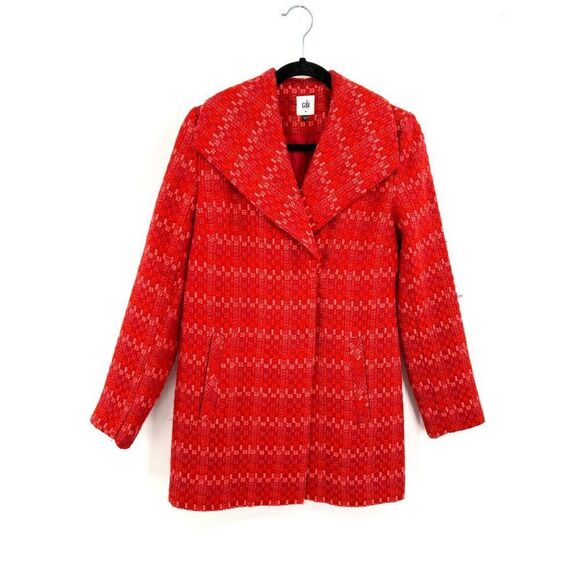 CABI Red Pink Tweed Sloan Snap Button Collared Coat Jacket Size XS - Picture 2 of 9